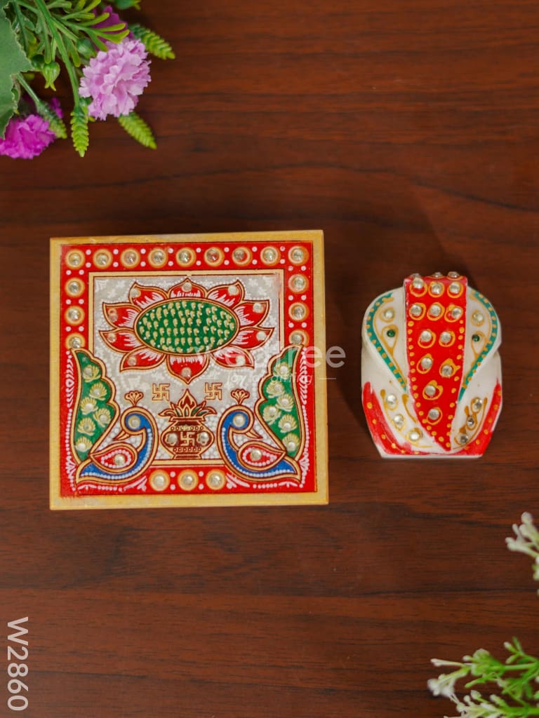 Marble - Hexagon Shaped Chowki With Peacock Design And Ganesh 4 Inch W2860 Divine Figurines