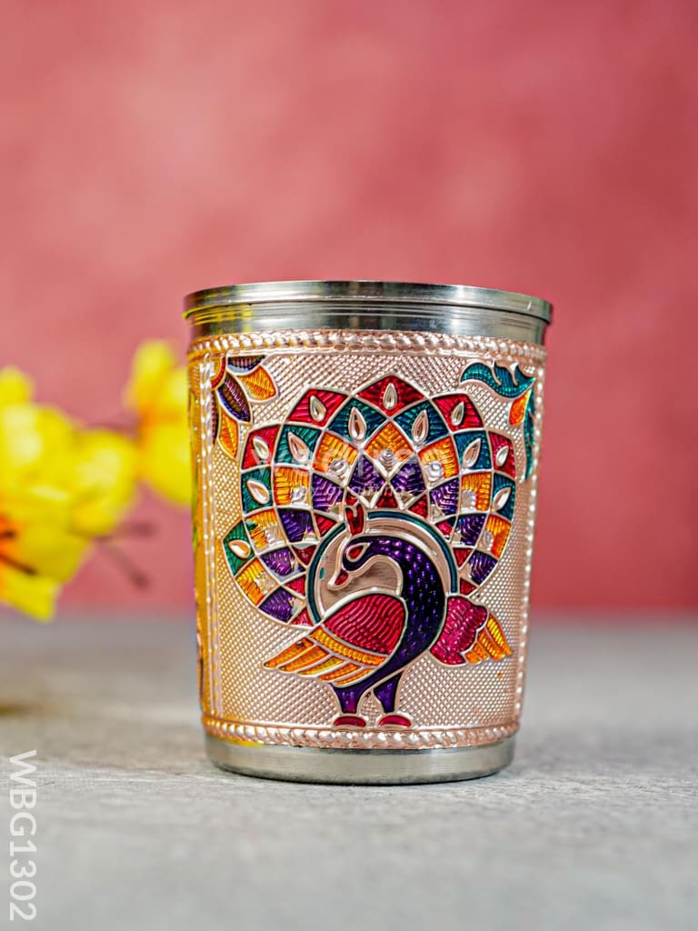 Meenakari Glass With Peacock Prints - Copper Finish Wbg1302 Utensils