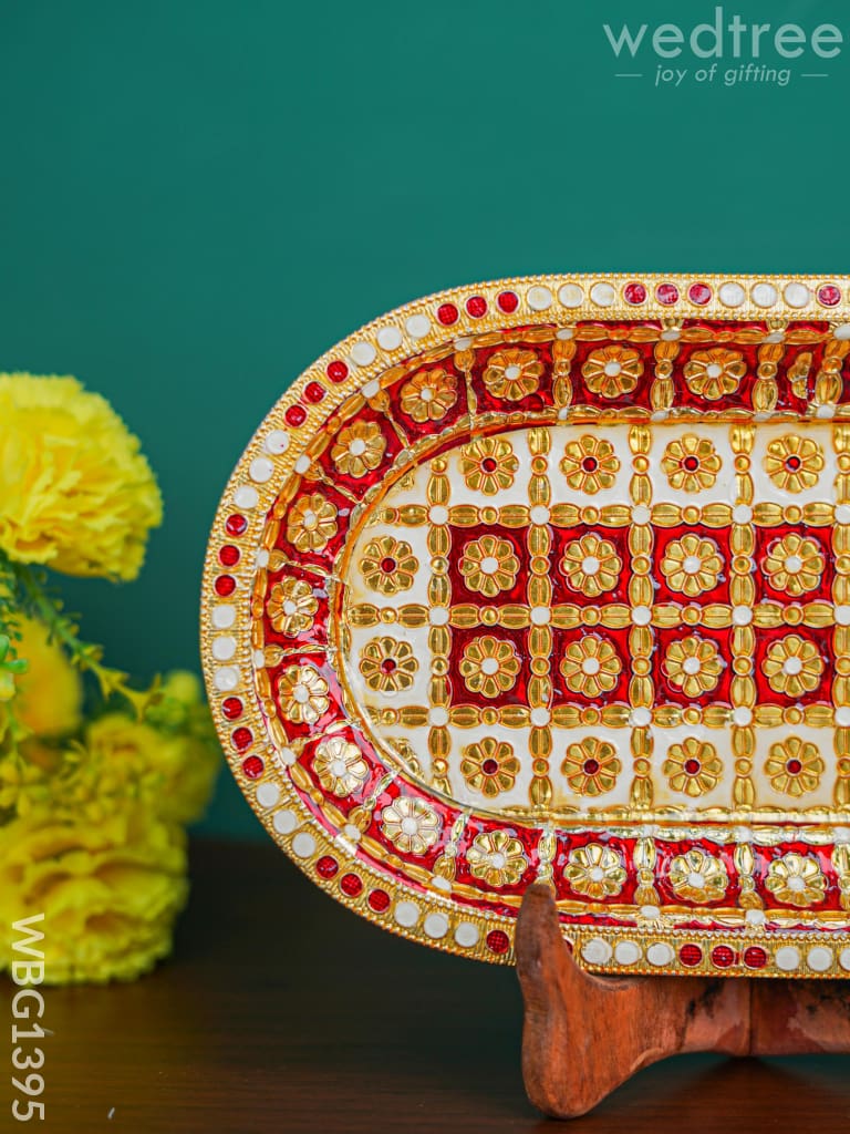 Meenakari Oval Plate Red And White Colour - Wbg1395 Trays & Plates