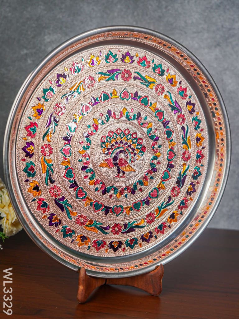 Meenakari Peacock Plate With Copper Finish - 13.5 Inch Wl3329 Trays & Plates