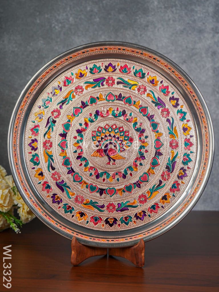 Meenakari Peacock Plate With Copper Finish - 13.5 Inch Wl3329 Trays & Plates