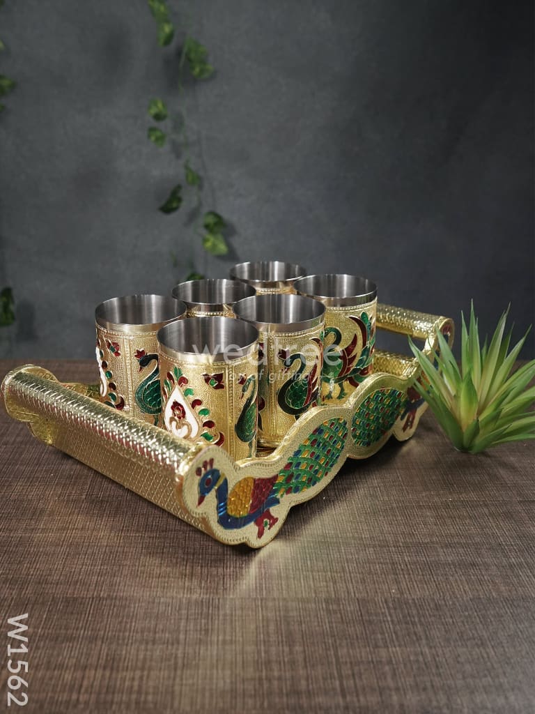 Meenakari Peacock Tray Set With 6 Glass - W1562 Trays & Sets