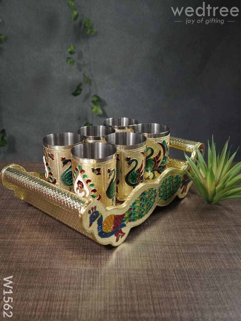 Meenakari Peacock Tray Set With 6 Glass - W1562 Trays & Sets