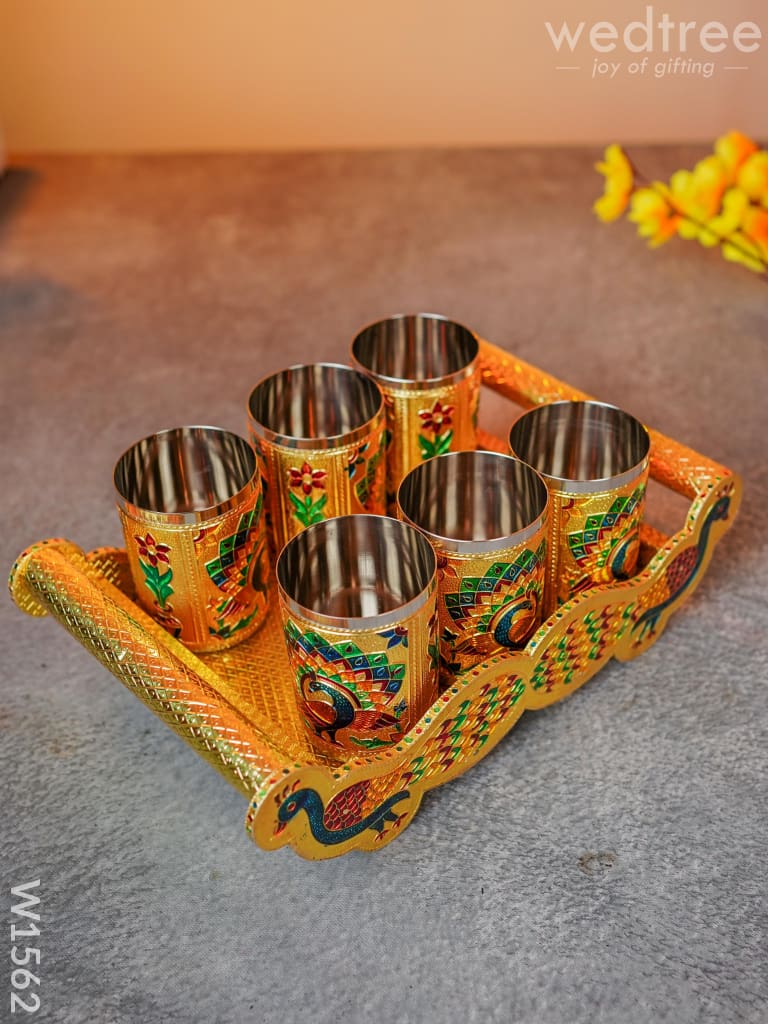 Meenakari Peacock Tray Set With 6 Glass - W1562 Sets