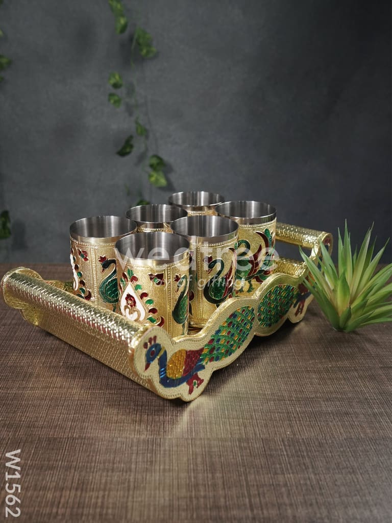 Meenakari Peacock Tray Set With 6 Glass - W1562 Trays & Sets