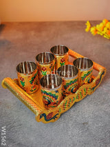 Meenakari Peacock Tray Set With 6 Glass - W1562 Sets