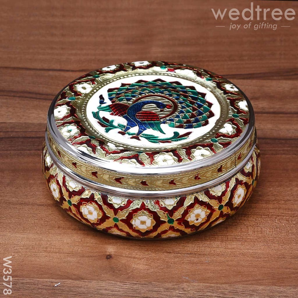 Minakari Peacock Design Round Dabba - 6 Inch Utensils