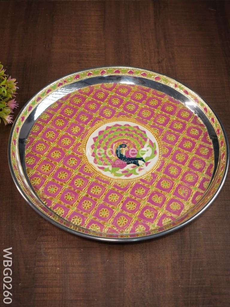 Meenakari Round Plate With Peacock Design - 12Inches Wbg0260 Trays & Plates