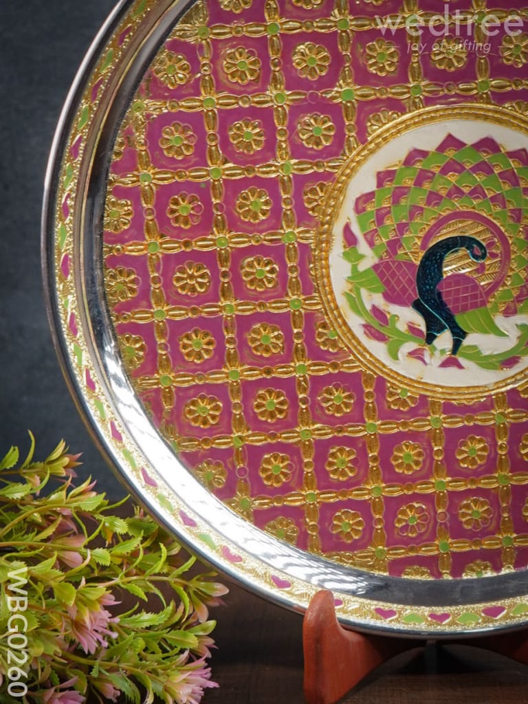 Meenakari Round Plate With Peacock Design - 12Inches Wbg0260 Trays & Plates