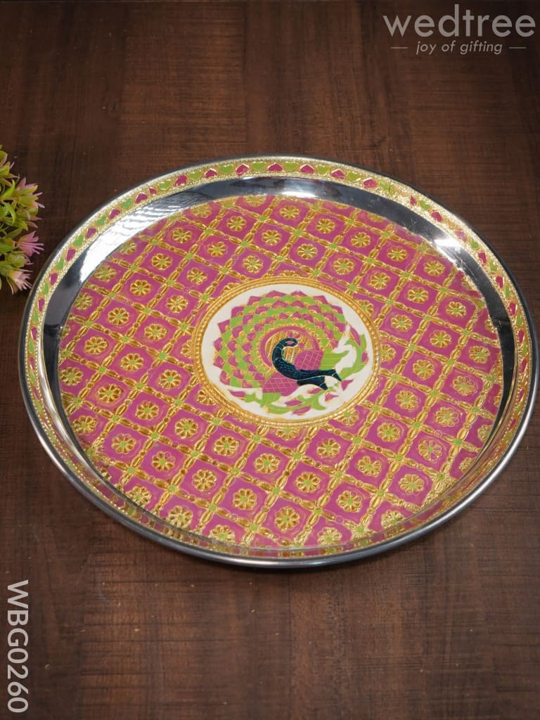 Meenakari Round Plate With Peacock Design - 12Inches Wbg0260 Trays & Plates