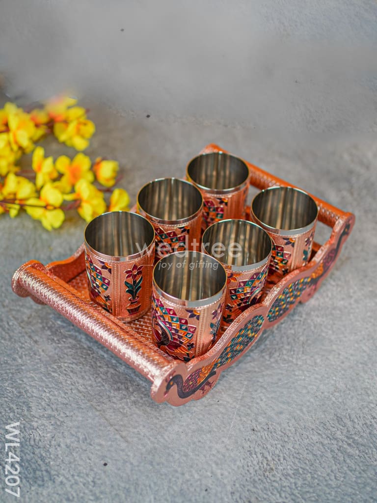 Meenakari Tray With Set Of 6 Glass - Wl4207 Trays & Plates