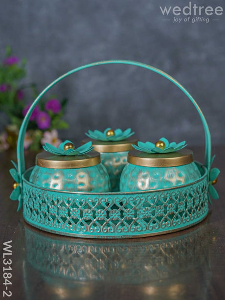 Metal Basket With Dry Fruit Container - Set Of 3 Wl3184 Blue Decor Utility