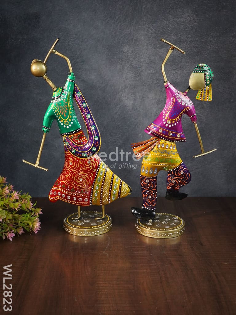 Metal Hand Painted Dandiya Dolls - Set Of 2 Wl2823 Decor Showpiece