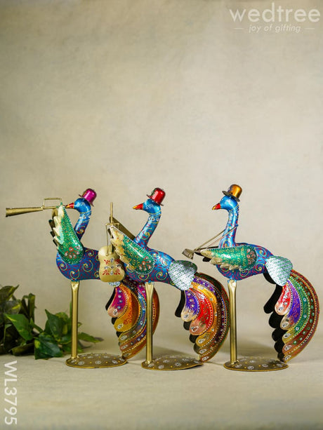 Metal Handpainted Peacock Musician - Set Of 3 Wl3795 Decor Showpiece