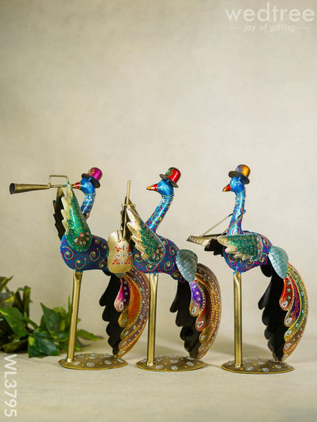 Metal Handpainted Peacock Musician - Set Of 3 Wl3795 Decor Showpiece