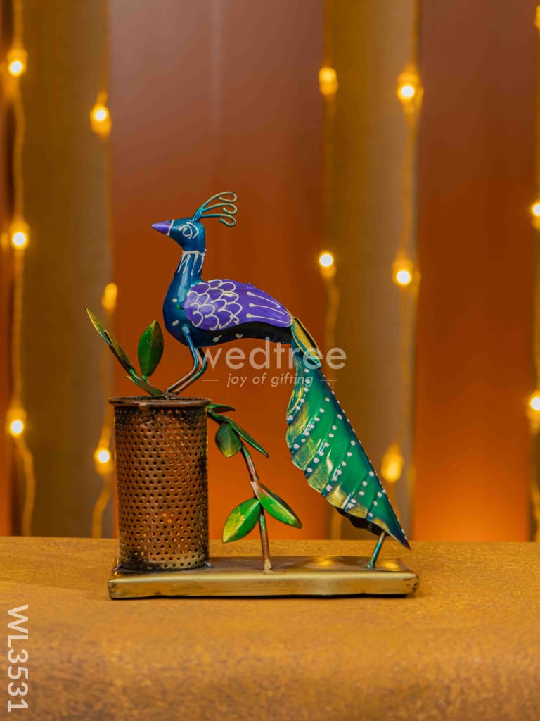 Metal Handpainted Peacock Pen Stand - Wl3531 Decor Utility