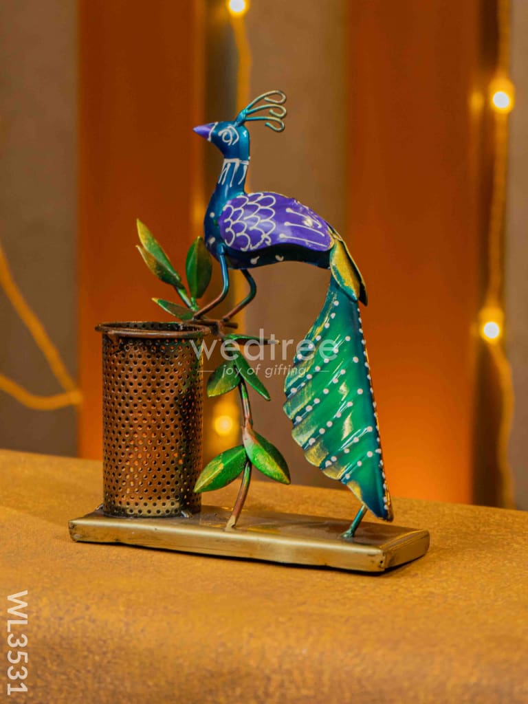 Metal Handpainted Peacock Pen Stand - Wl3531 Decor Utility