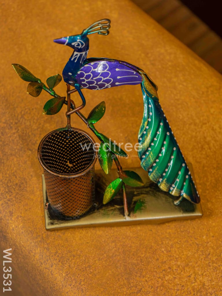 Metal Handpainted Peacock Pen Stand - Wl3531 Decor Utility