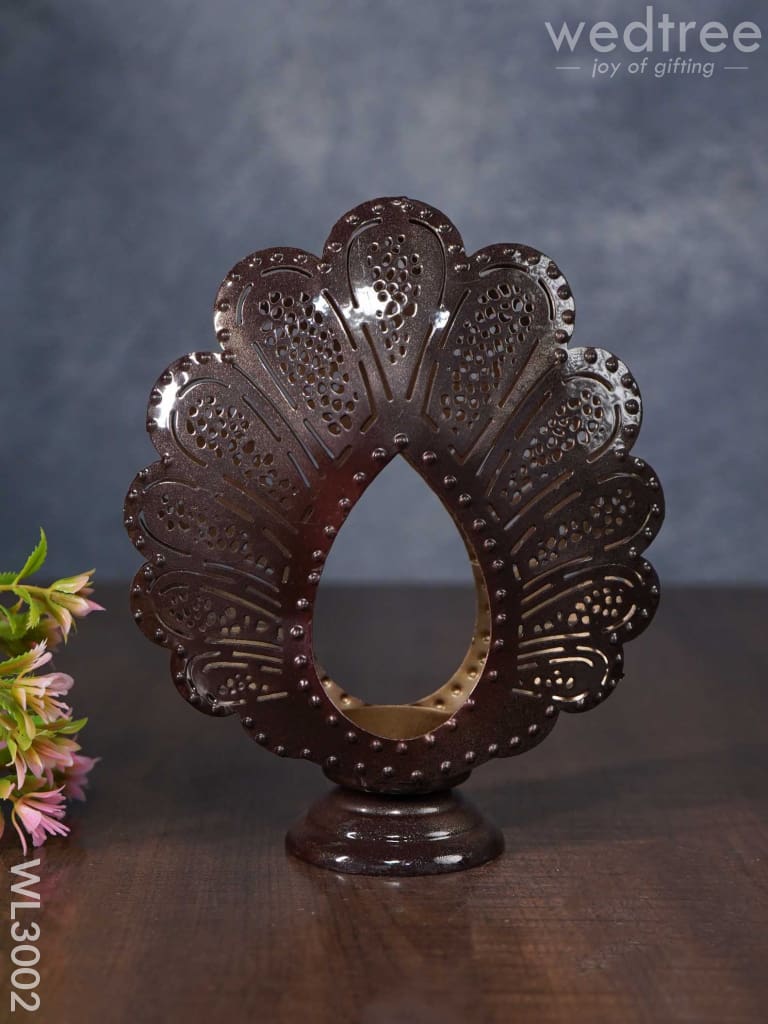 Metal Peacock Feather Shaped T-Light Holder In Distressed Finish - Wl3002 Candles And Votives