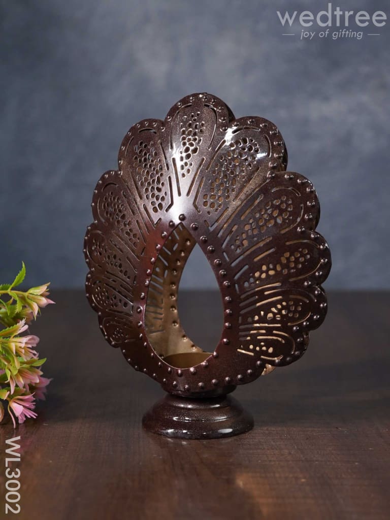 Metal Peacock Feather Shaped T-Light Holder In Distressed Finish - Wl3002 Candles And Votives