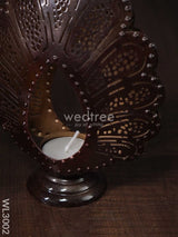 Metal Peacock Feather Shaped T-Light Holder In Distressed Finish - Wl3002 Candles And Votives