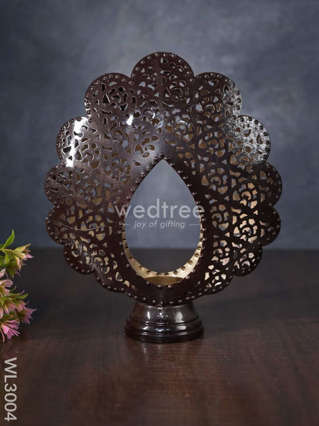 Metal Peacock Feather Shaped T-Light Holder In Distressed Finish - Wl3004 Candles And Votives