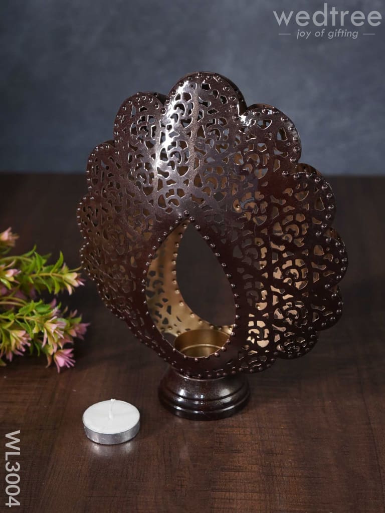 Metal Peacock Feather Shaped T-Light Holder In Distressed Finish - Wl3004 Candles And Votives