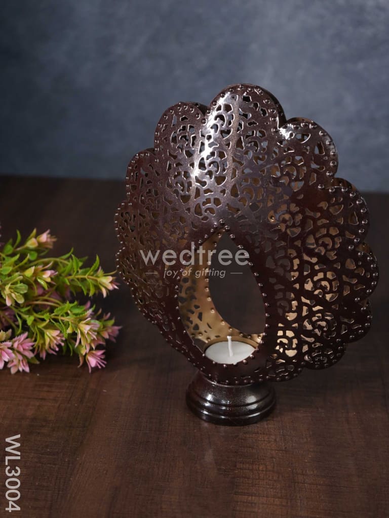 Metal Peacock Feather Shaped T-Light Holder In Distressed Finish - Wl3004 Candles And Votives