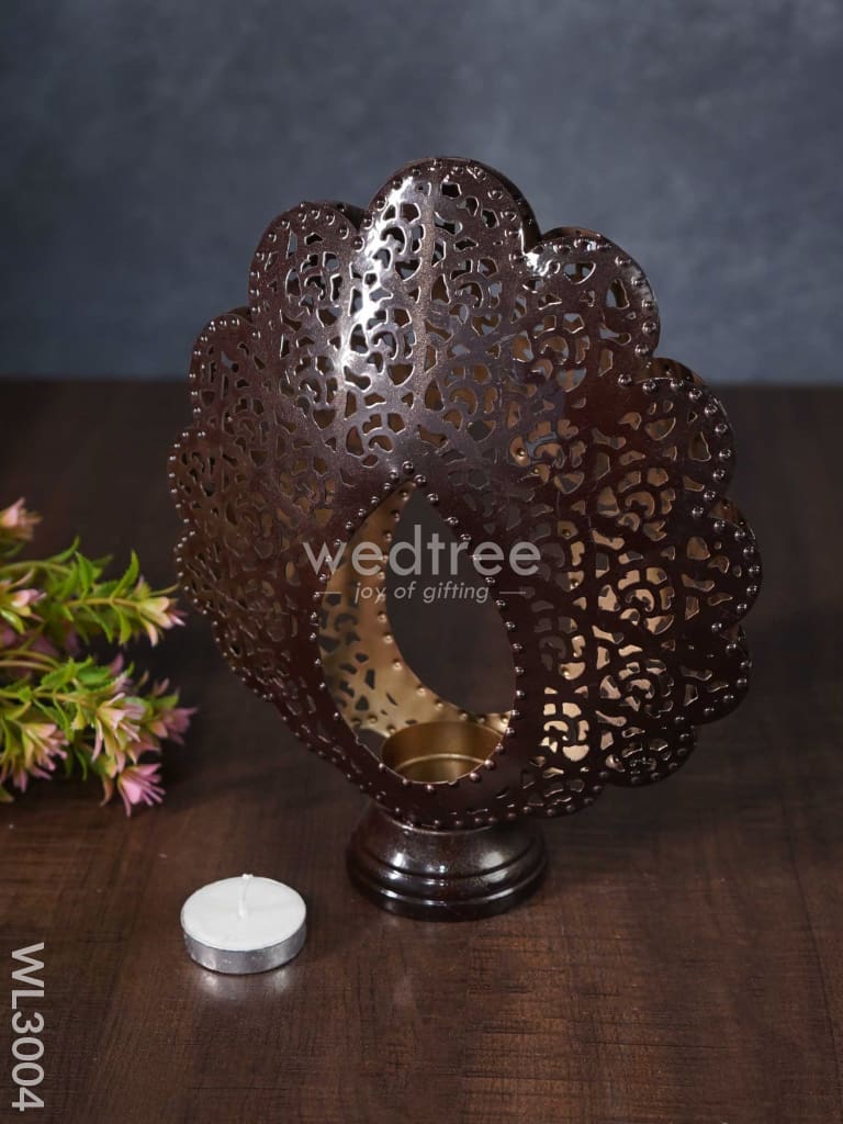 Metal Peacock Feather Shaped T-Light Holder In Distressed Finish - Wl3004 Candles And Votives