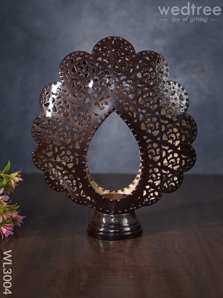 Metal Peacock Feather Shaped T-Light Holder In Distressed Finish - Wl3004 Candles And Votives