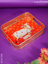 Rectangular Brass Tray With Pichwai Design - Red Wl3920 Utility