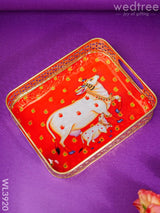 Rectangular Brass Tray With Pichwai Design - Red Wl3920 Utility