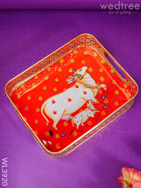 Rectangular Brass Tray With Pichwai Design - Red Wl3920 Utility