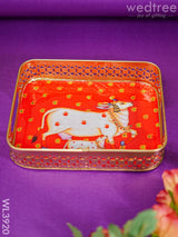 Rectangular Brass Tray With Pichwai Design - Red Wl3920 Utility