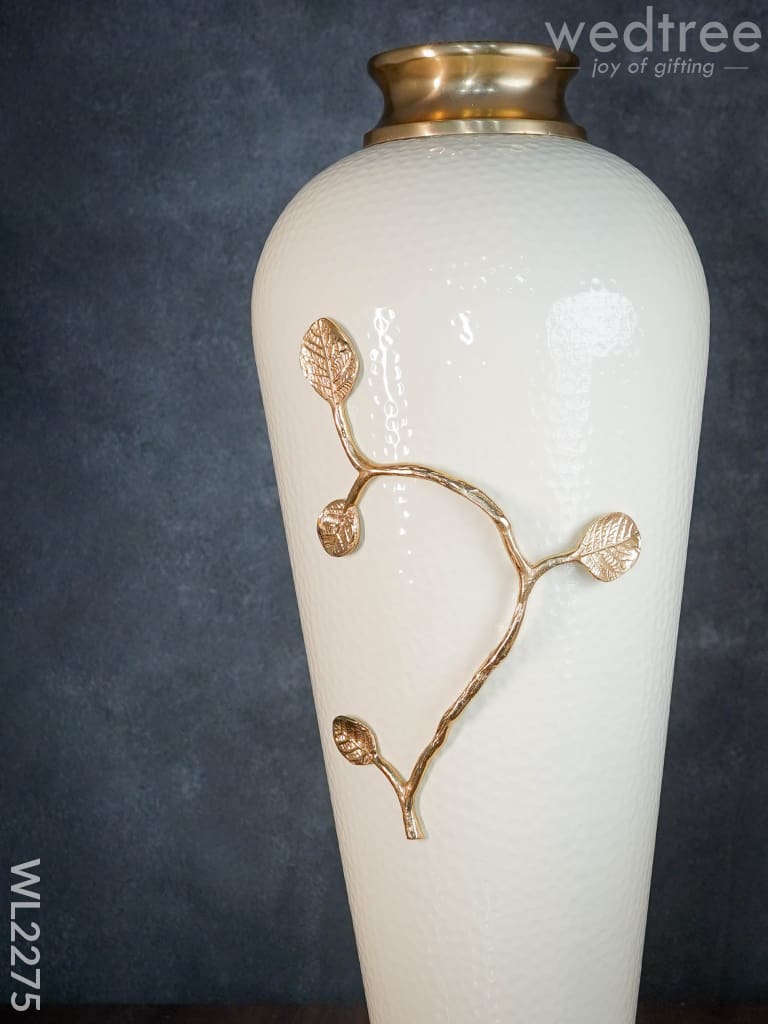 Metal Vase In White With Brass Antique Floral Embossing (29 Inch) - Wl2275 Vases