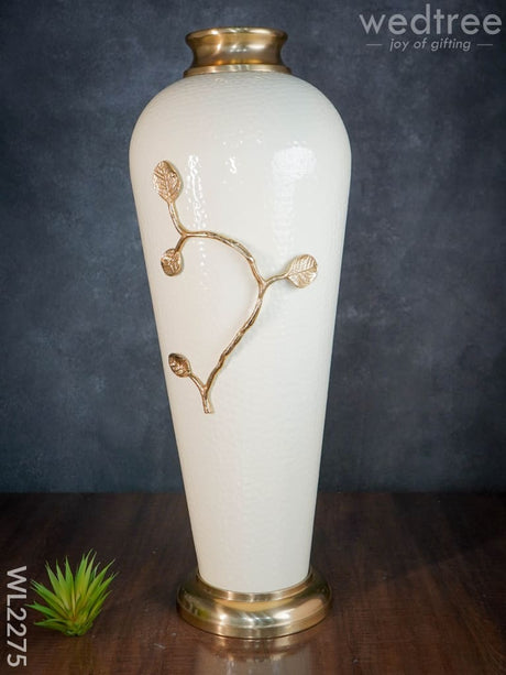 Metal Vase In White With Brass Antique Floral Embossing (29 Inch) - Wl2275 Vases