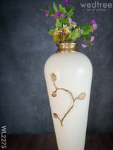 Metal Vase In White With Brass Antique Floral Embossing (29 Inch) - Wl2275 Vases