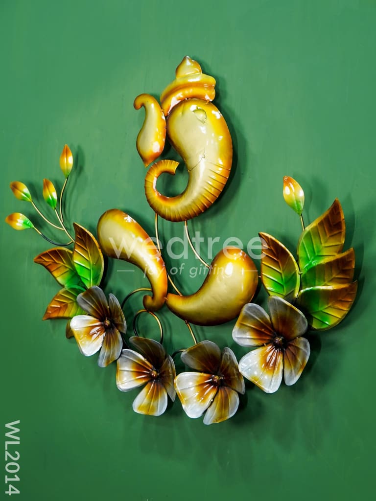 Metal Wall Decor - Golden Ganesha With Flowers Wl2014 Hanging
