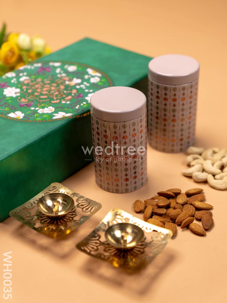 New Year Hamper 1 - Tin Jar Brass Diya And Dry Fruits Wh0035 Hampers