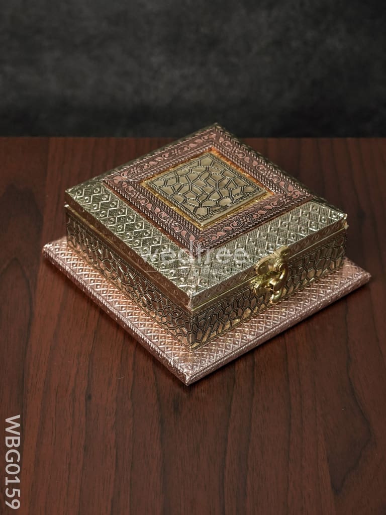 Oxidised Dry Fruit Box With Crackled And Floral Design - 6X6 Inches Wbg0159