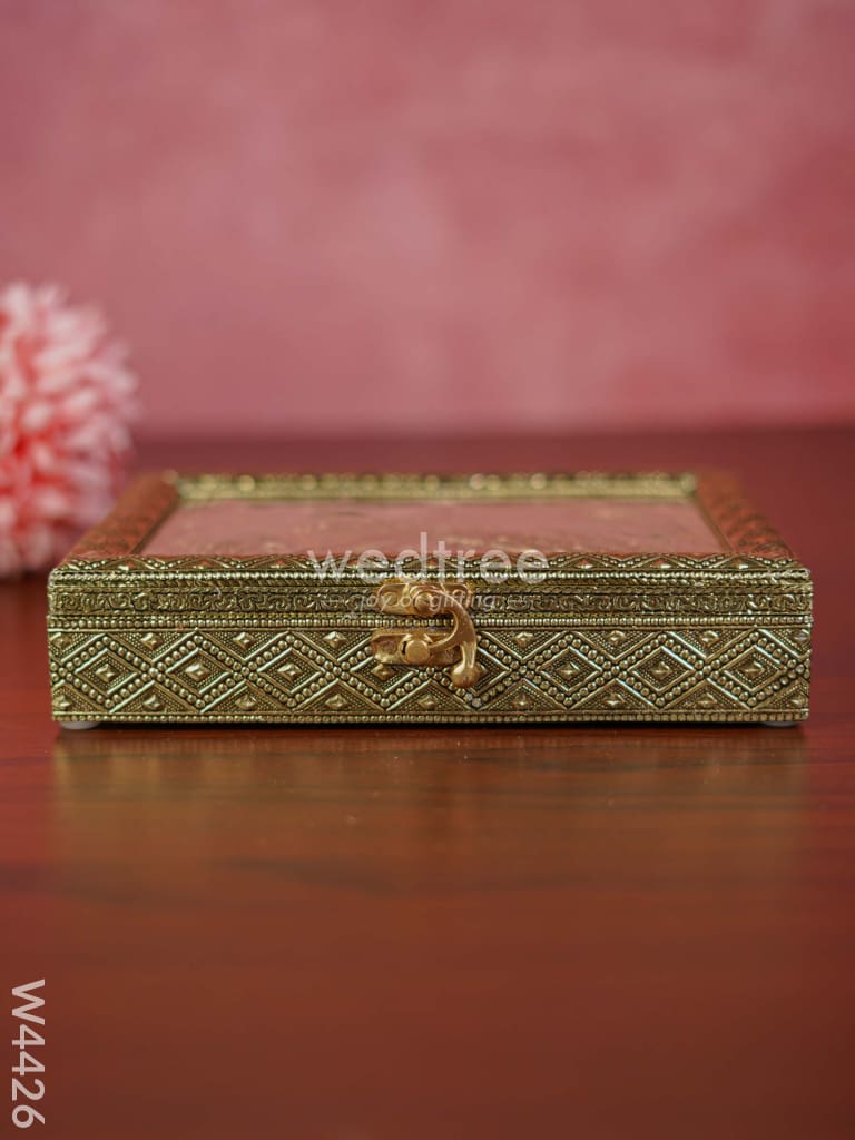 Oxidised Dry Fruit Box With Peacock Embossing Small - W4426 Dry Fruit Box