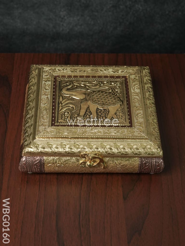 Oxidised Embossed Dry Fruit Box With Elephant Design - 8X8 Inches Wbg0160