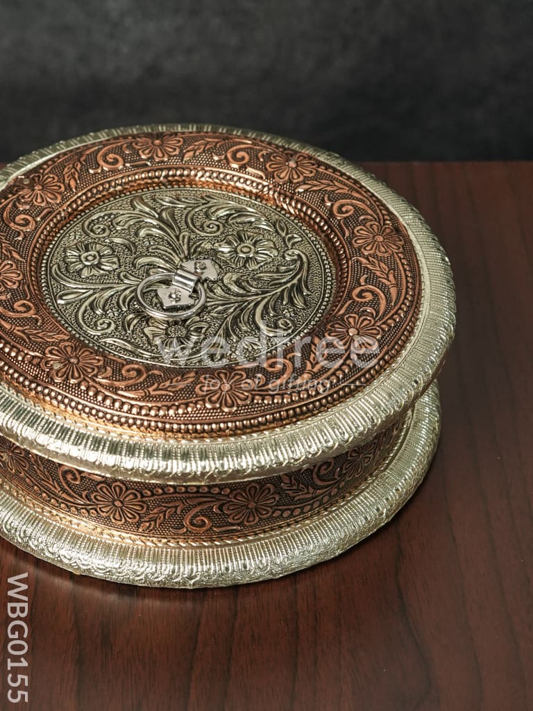 Oxidised Embossed Round Dry Fruit Box With Floral Design - Wbg0155