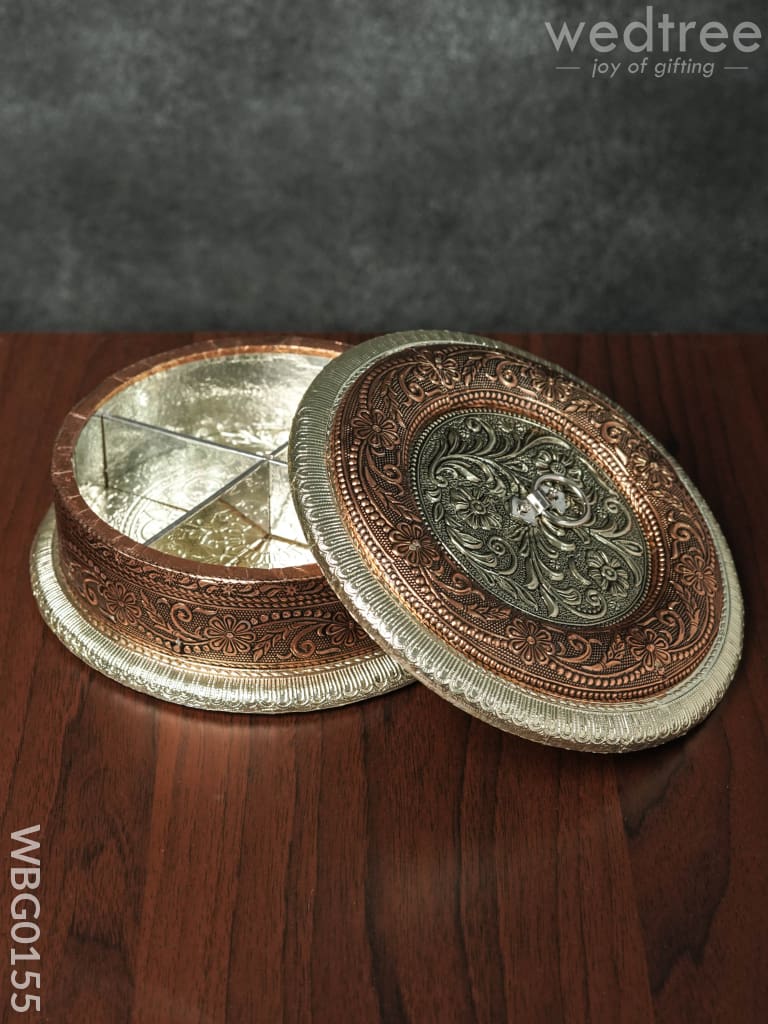 Oxidised Embossed Round Dry Fruit Box With Floral Design - Wbg0155