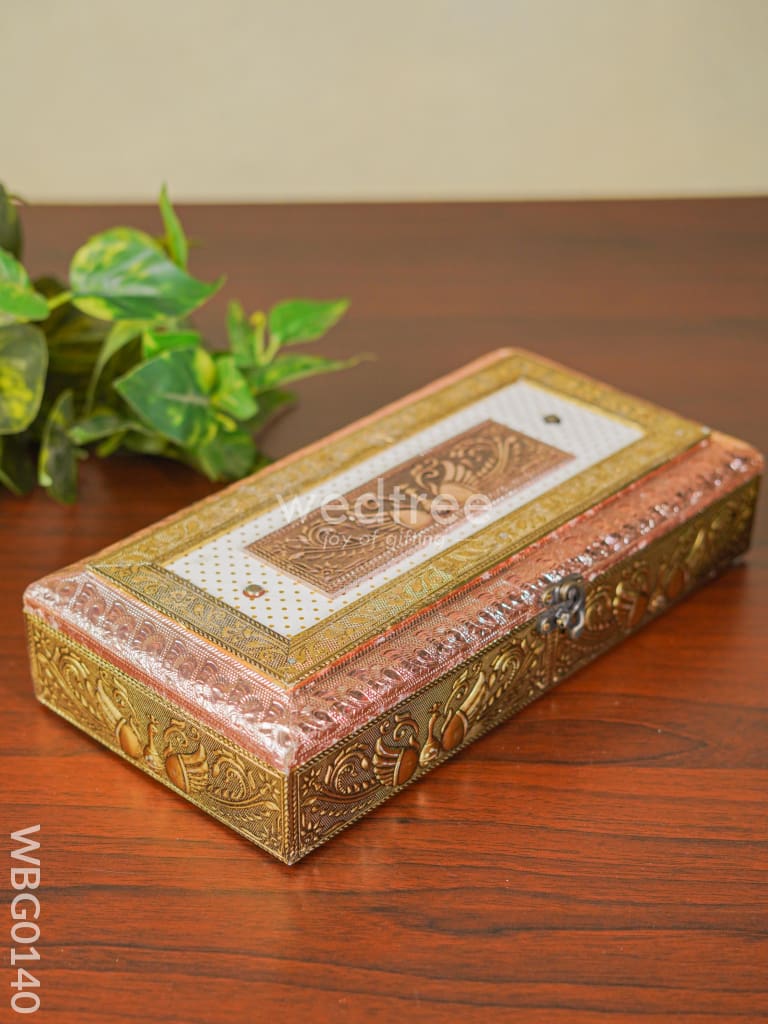 Oxidised Golden And Red Embossed Dry Fruit Box With Peacock Floral Design - 12X6Inches Wbg0140