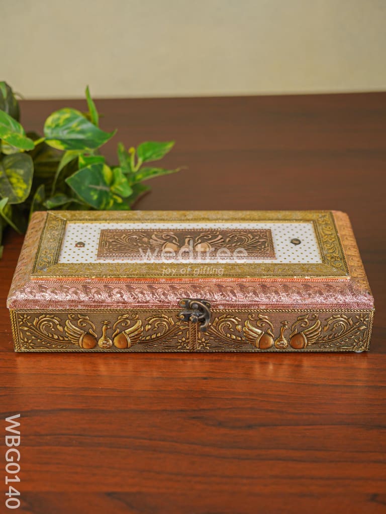 Oxidised Golden And Red Embossed Dry Fruit Box With Peacock Floral Design - 12X6Inches Wbg0140