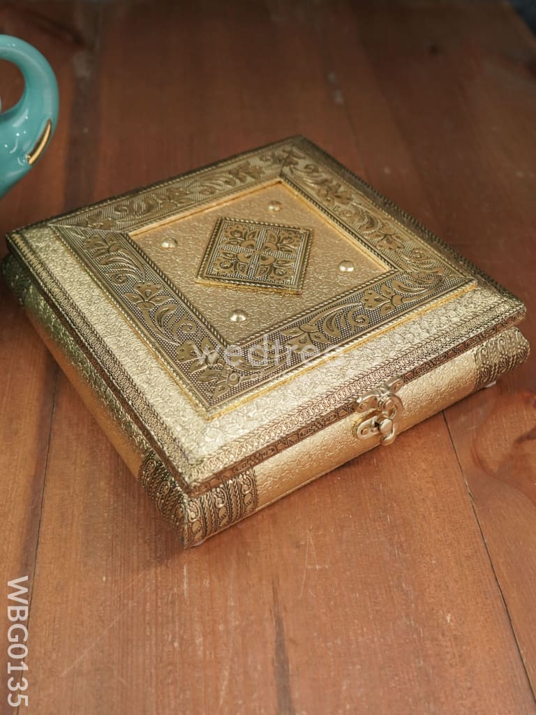 Oxidised Golden Dry Fruit Box With Floral Design - 8X8 Inches Wbg0135