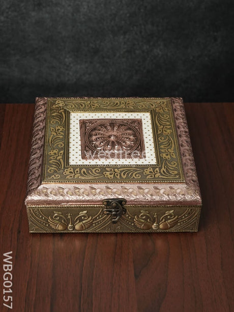 Oxidised Golden Embossed Dry Fruit Box With Floral And Peacock Design - 8X8 Inches Wbg0157