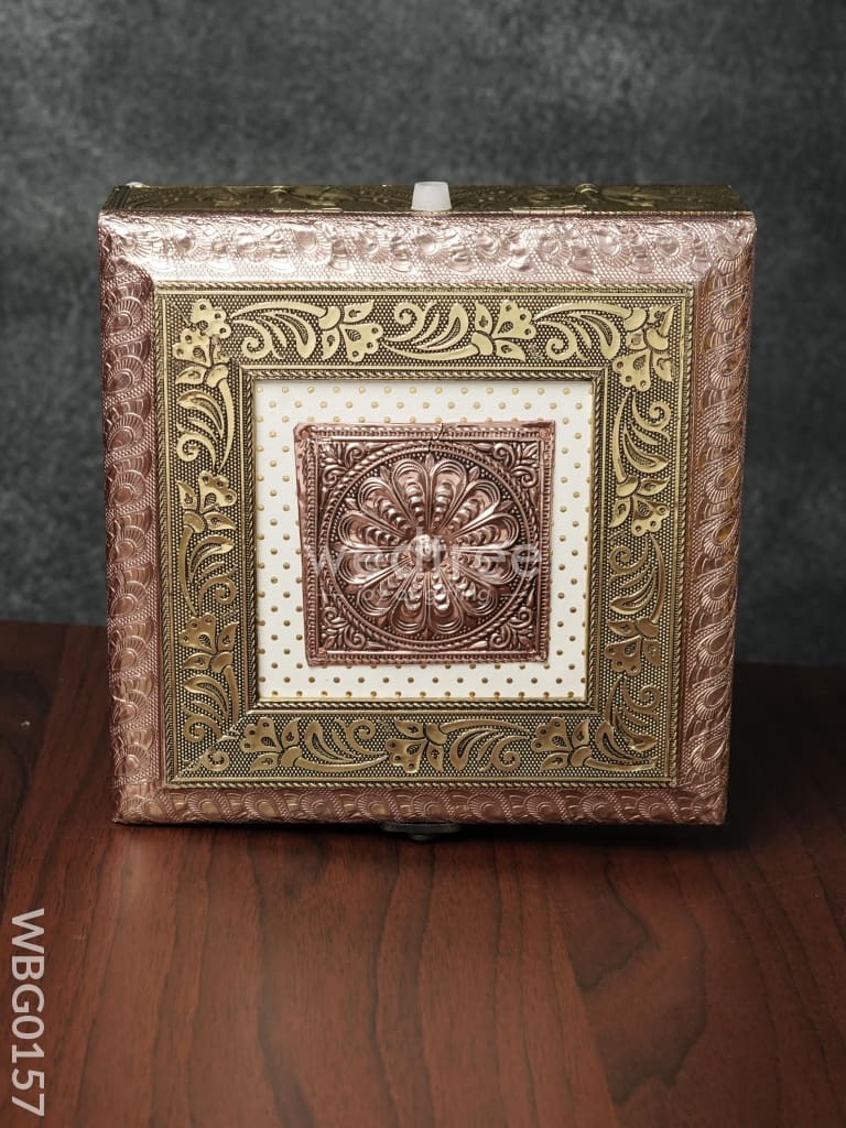 Oxidised Golden Embossed Dry Fruit Box With Floral And Peacock Design - 8X8 Inches Wbg0157