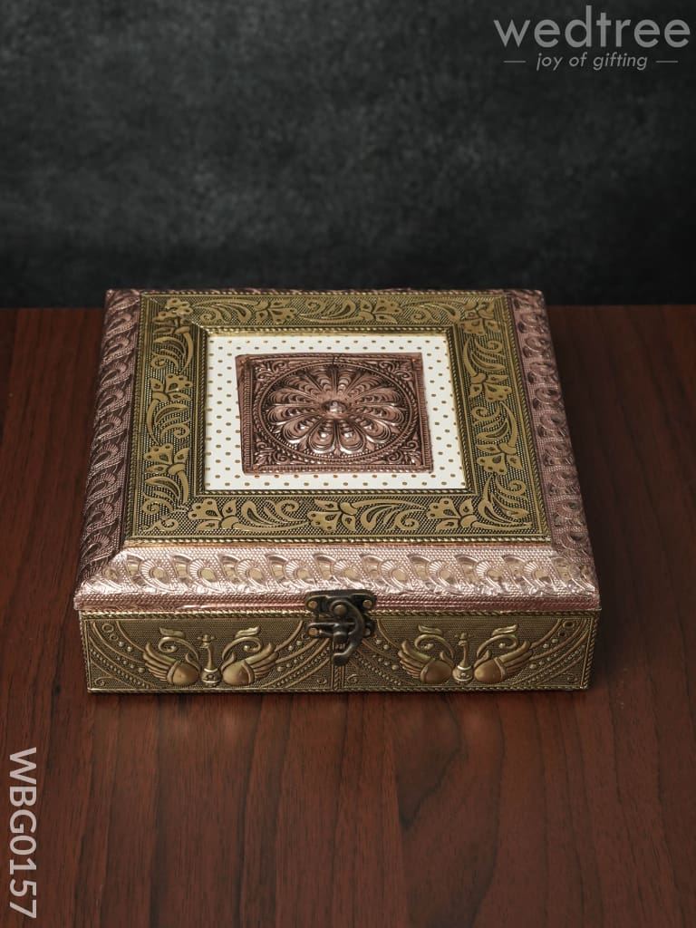 Oxidised Golden Embossed Dry Fruit Box With Floral And Peacock Design - 8X8 Inches Wbg0157